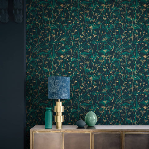 Clarissa Hulse Wild Chervil Kingfisher & Gold Wallpaper