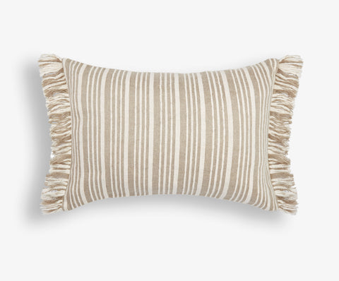 Large lumbar natural beige stripes with fringe cushion