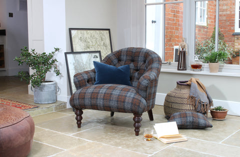 Harris Tweed Aberlour Chair with velvet scatter cushion
